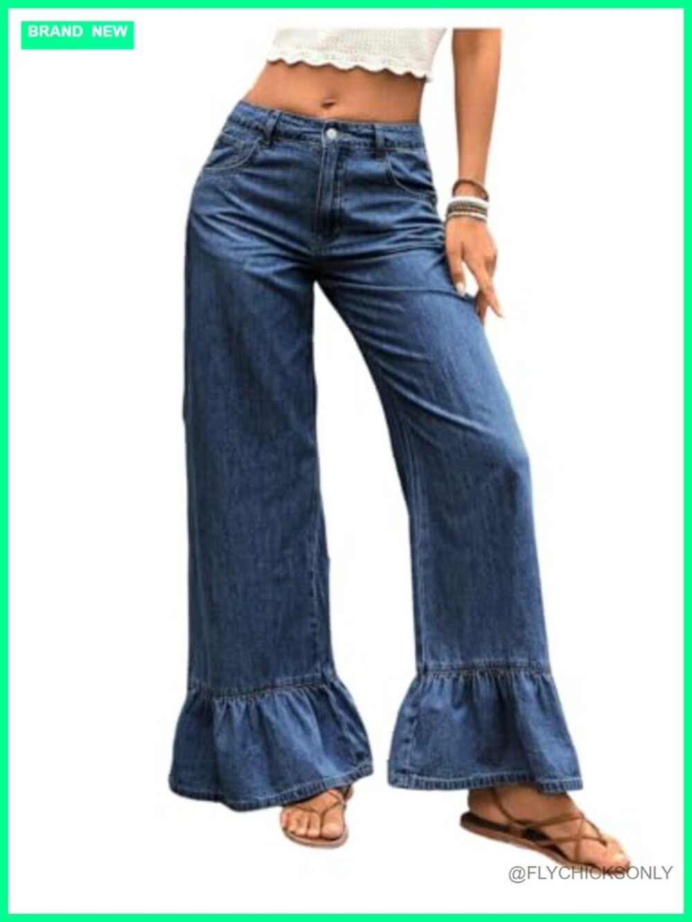 Ruffle Flare Wide Leg Baggy Jeans No Stretch Button Front Mid Rise